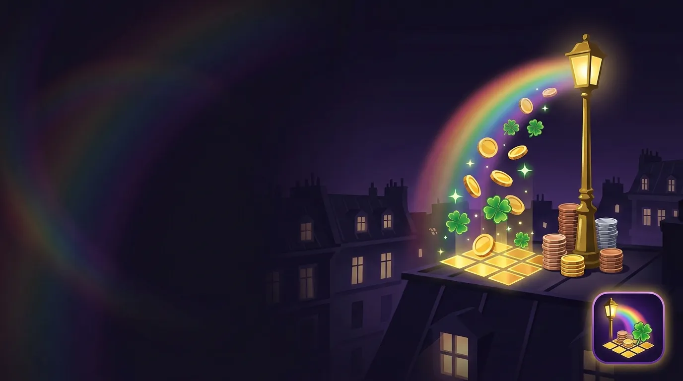 Dark violet hero banner with gold street lamp casting rainbow glow over coin stacks and a green four-leaf clover on a Parisia
